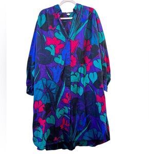 Vintage Basile 100% Flax Multicolor Floral Shift‎ Midi Dress Made in Italy sz 40